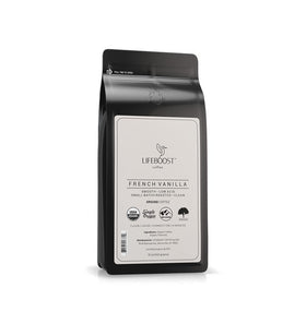 LIFEBOOST French Vanilla ground coffee bag showing premium organic beans and aroma