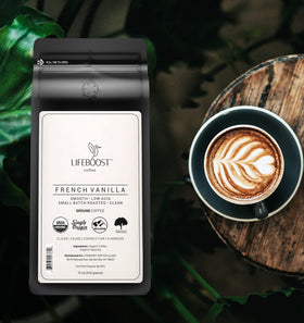 LIFEBOOST French Vanilla ground coffee beans close-up highlighting quality