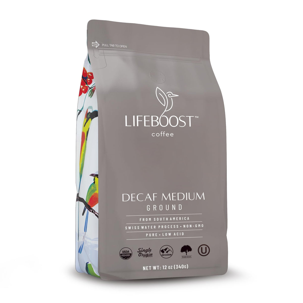 Lifeboost ground decaf coffee bag highlights low acidity for easy sipping