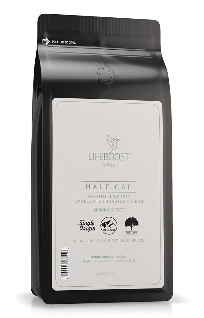 LIFEBOOST half-caff ground coffee bag shows balanced flavor perfect for mornings.