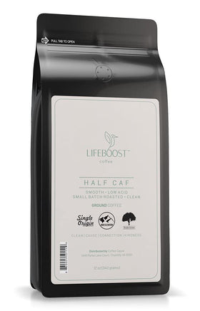 LIFEBOOST half-caff ground coffee bag shows balanced flavor perfect for mornings.