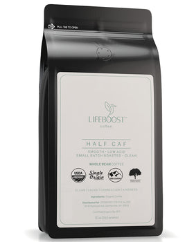 Lifeboost Half Caff medium roast coffee bag with organic, single-origin beans for smooth mornings.