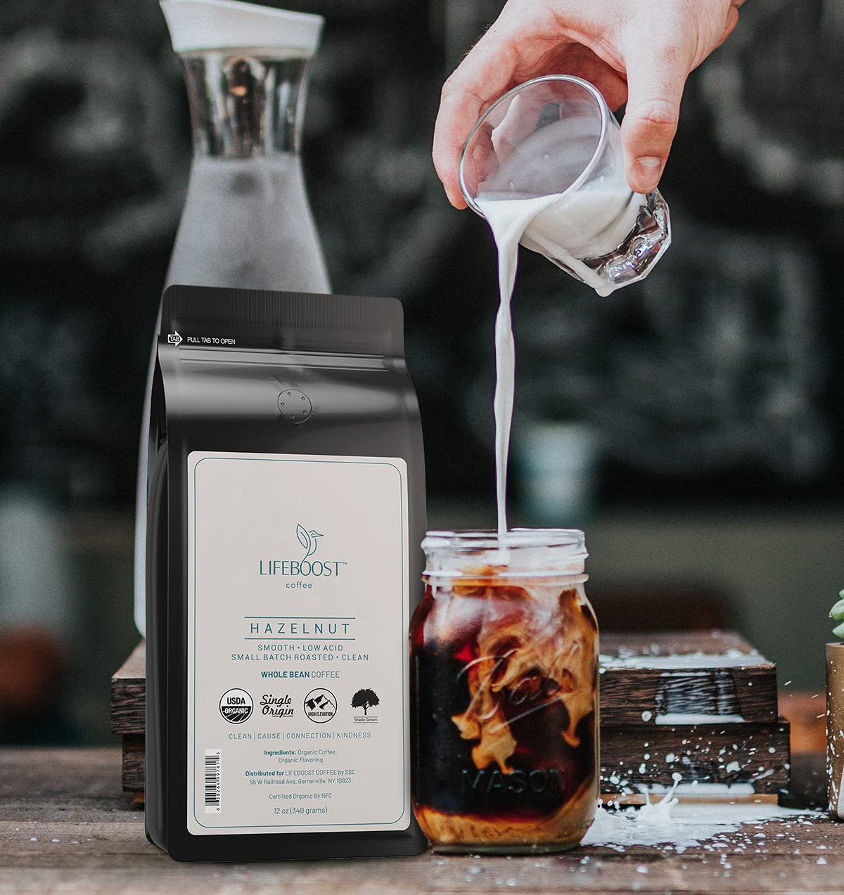 Lifeboost Hazelnut Coffee brewed cup shows a creamy, low-acid profile.