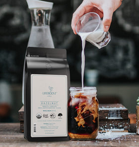 Lifeboost Hazelnut Coffee brewed cup shows a creamy, low-acid profile.