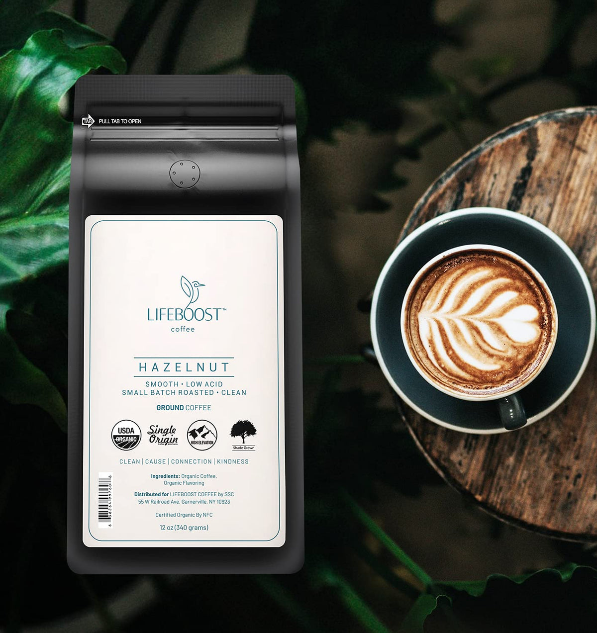 LIFEBOOST hazelnut ground coffee mug with inviting aroma, ideal for a morning start.