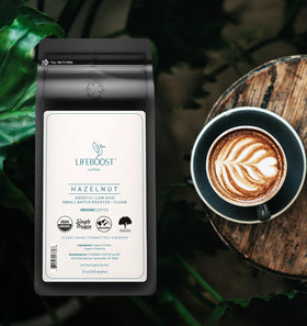 LIFEBOOST hazelnut ground coffee mug with inviting aroma, ideal for a morning start.