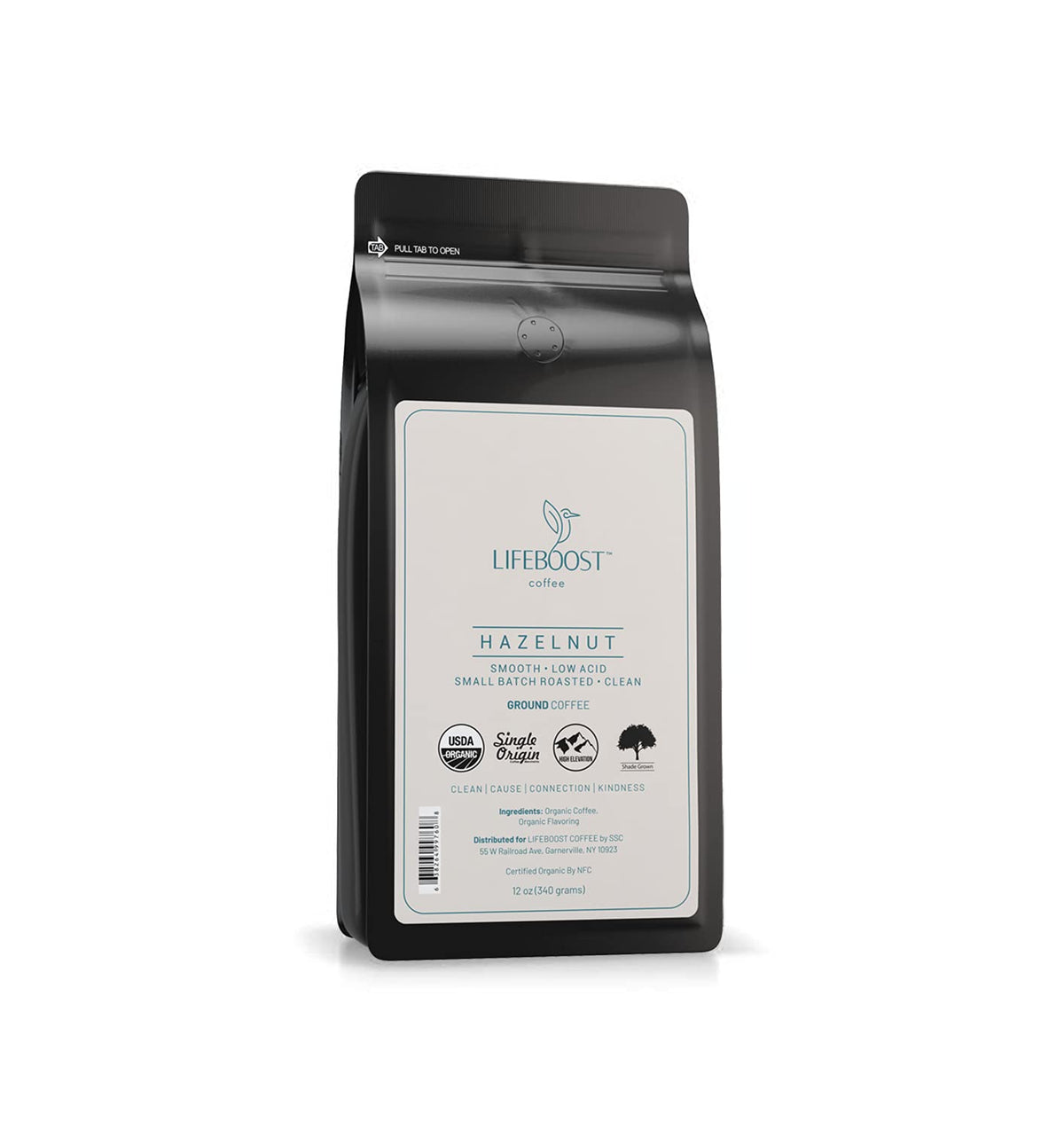 LIFEBOOST hazelnut ground coffee bag showing rich, smooth flavor potential for smooth, low-acid mornings.