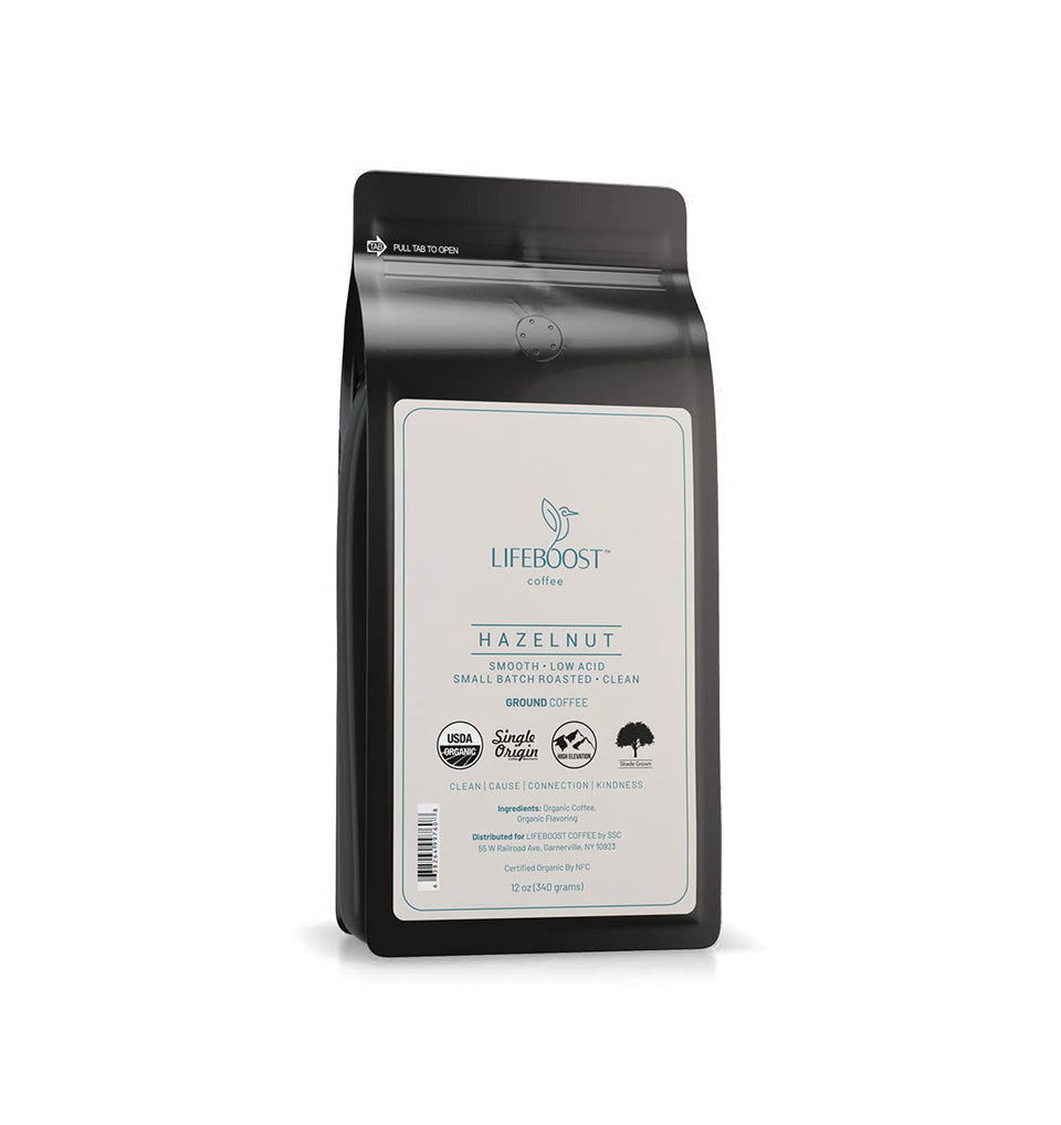 LIFEBOOST hazelnut ground coffee bag showing rich, smooth flavor potential for smooth, low-acid mornings.