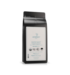 Lifeboost Hazelnut Whole Bean Coffee bag highlights organic, single-origin flavor for a smooth brew.