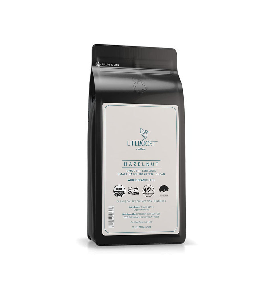 Lifeboost Hazelnut Whole Bean Coffee bag highlights organic, single-origin flavor for a smooth brew.