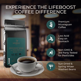Lifeboost Highlander Grogg beans close-up, showcasing natural oils and aromatic richness for flavor.