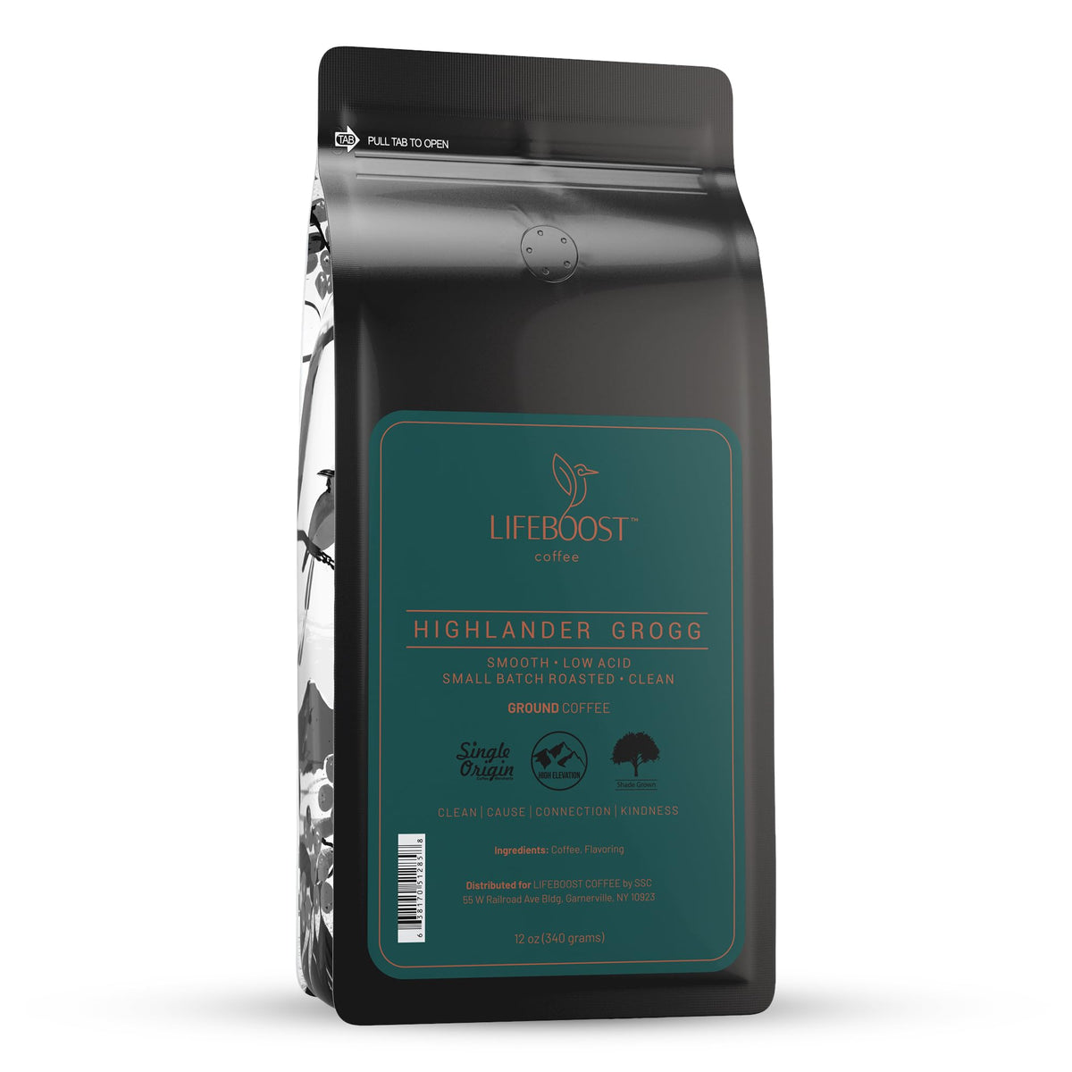 Lifeboost Highlander Grogg Ground Coffee Pack showcasing ethical sourcing and low acid flavor.