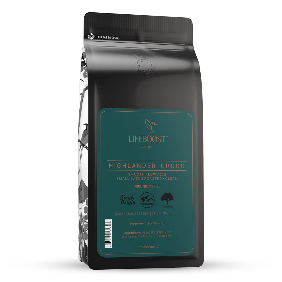 Lifeboost Highlander Grogg Ground Coffee Pack showcasing ethical sourcing and low acid flavor.