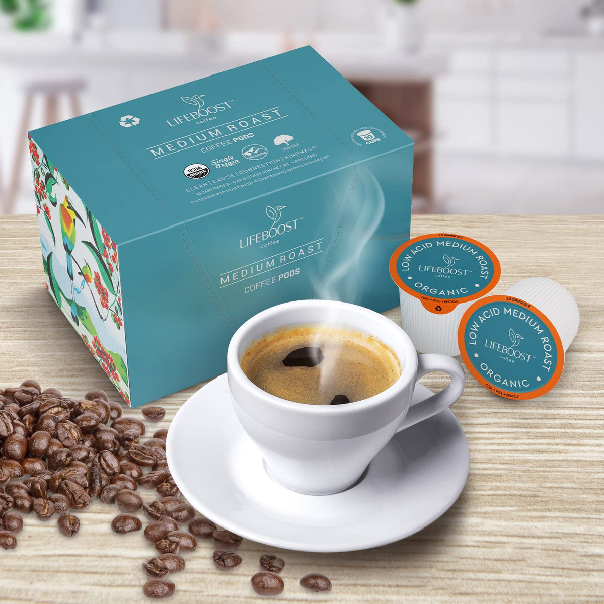 Lifeboost Keurig-compatible K-Cups ready for quick, convenient brewing