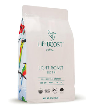 LIFEBOOST light roast coffee beans with low acidity for a smooth cup