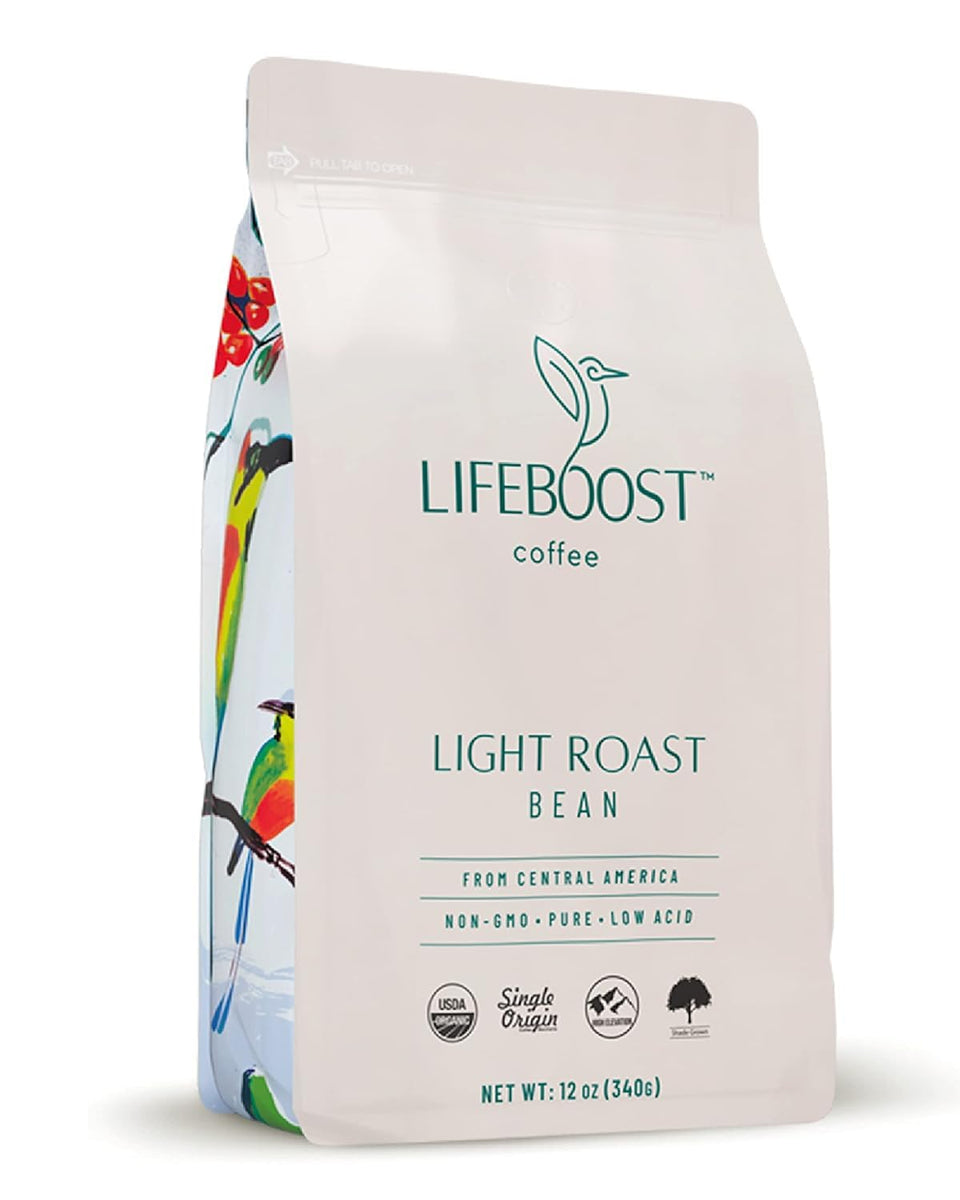 LIFEBOOST light roast coffee beans with low acidity for a smooth cup