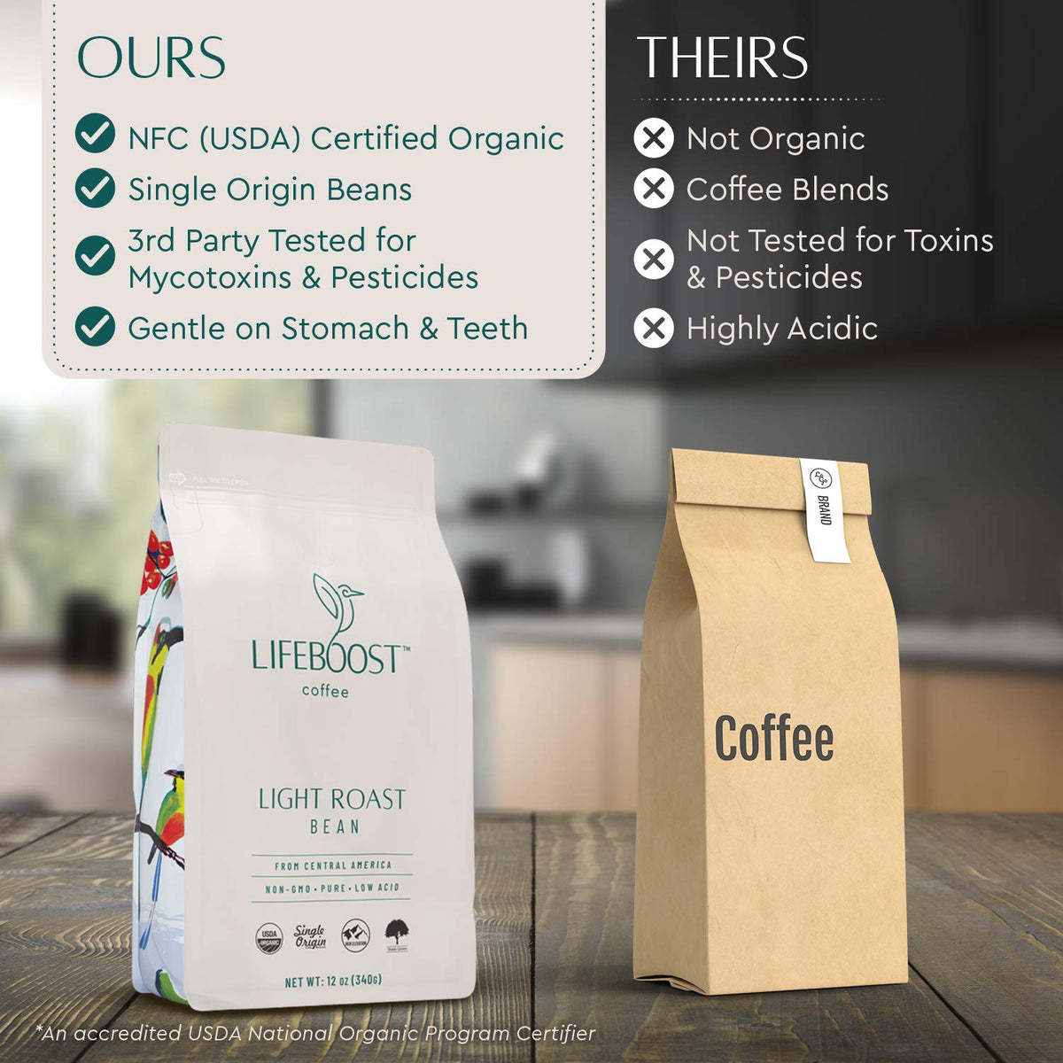 LIFEBOOST cup of light roast coffee with clean aroma and finish