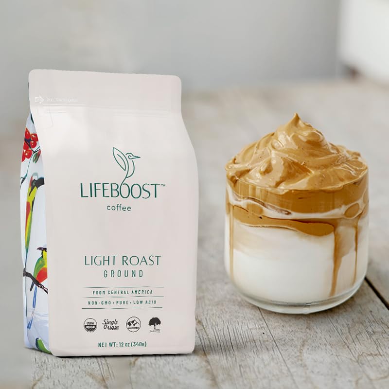 Lifeboost Light Roast Ground Coffee packaging highlighting organic and third-party testing