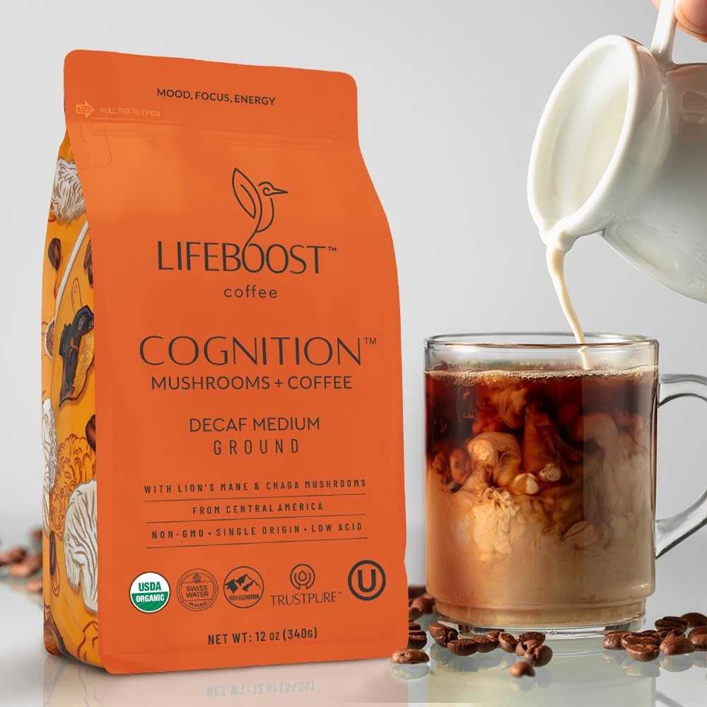 Lifeboost Lion’s Mane mushroom powder scoop highlighting cognitive clarity support.