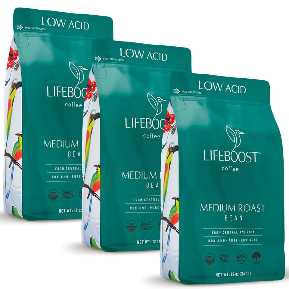 Lifeboost medium roast coffee beans with a smooth, low-acid flavor.