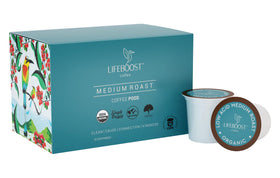 Lifeboost medium roast K-Cups packaging highlighting smooth, low-acid flavor