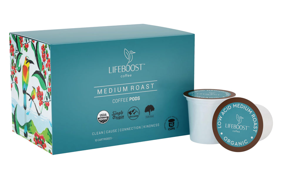 Lifeboost medium roast K-Cups packaging highlighting smooth, low-acid flavor