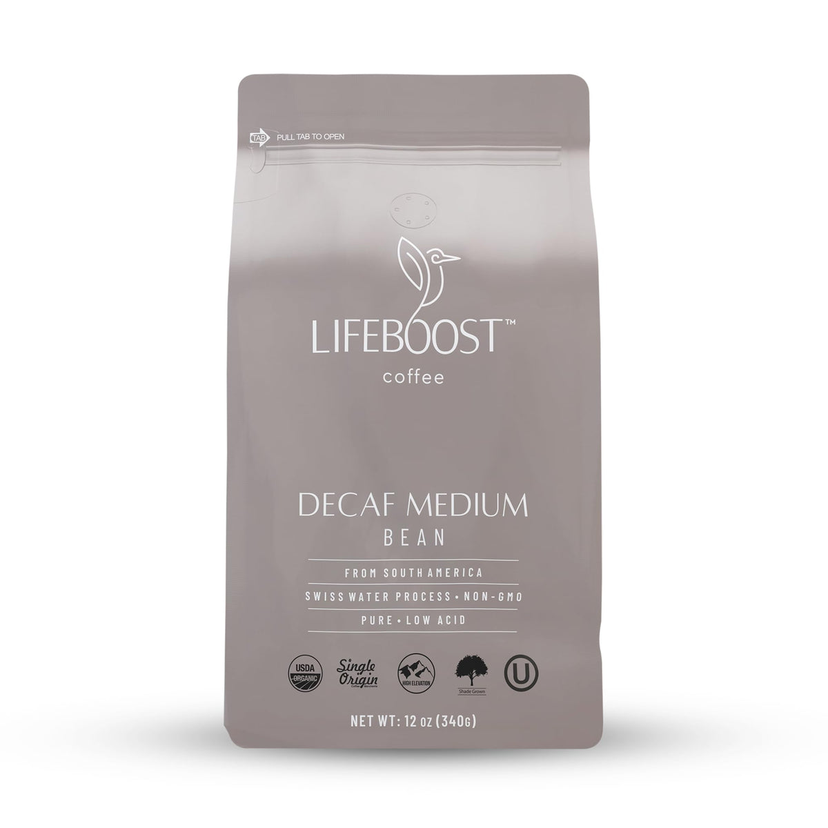 Lifeboost medium roast Swiss Water decaf coffee bag with smooth, low-acid flavor
