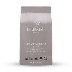 Lifeboost medium roast Swiss Water decaf coffee bag with smooth, low-acid flavor