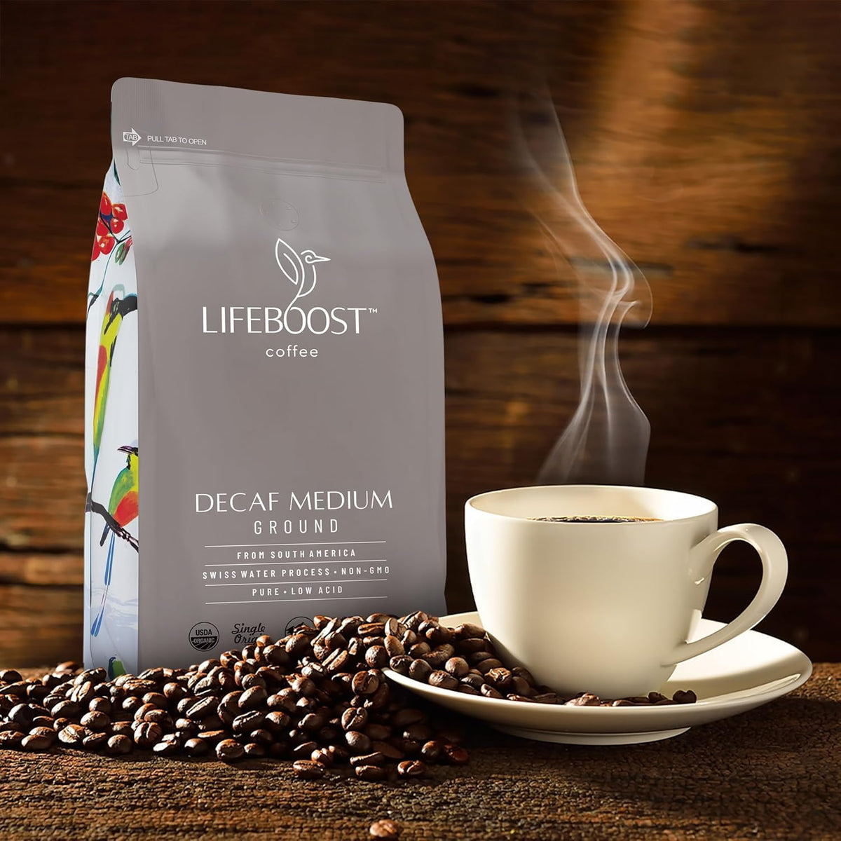 Lifeboost medium roast Swiss Water decaf in a glass cup emphasizes aroma and smooth finish