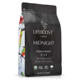 Lifeboost Midnight French Roast beans with rich aroma for a smooth, low-acid cup.