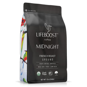 LIFEBOOST Midnight French Roast ground coffee 12oz with bold flavor and low acidity