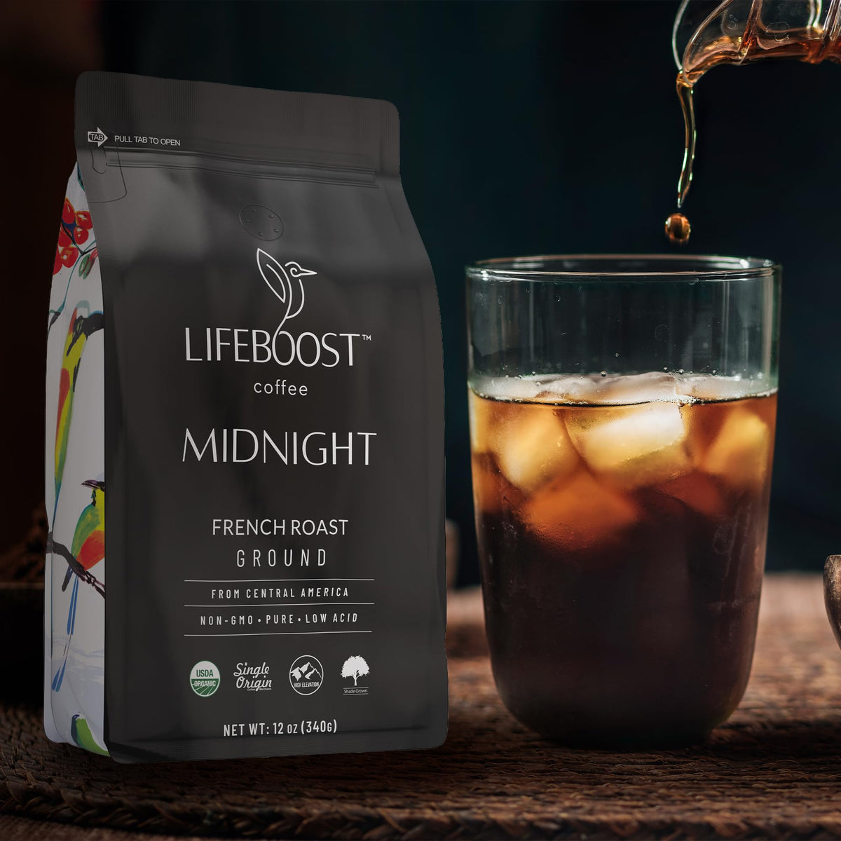 LIFEBOOST Midnight French Roast bag flatlay, organic and non-GMO packaging