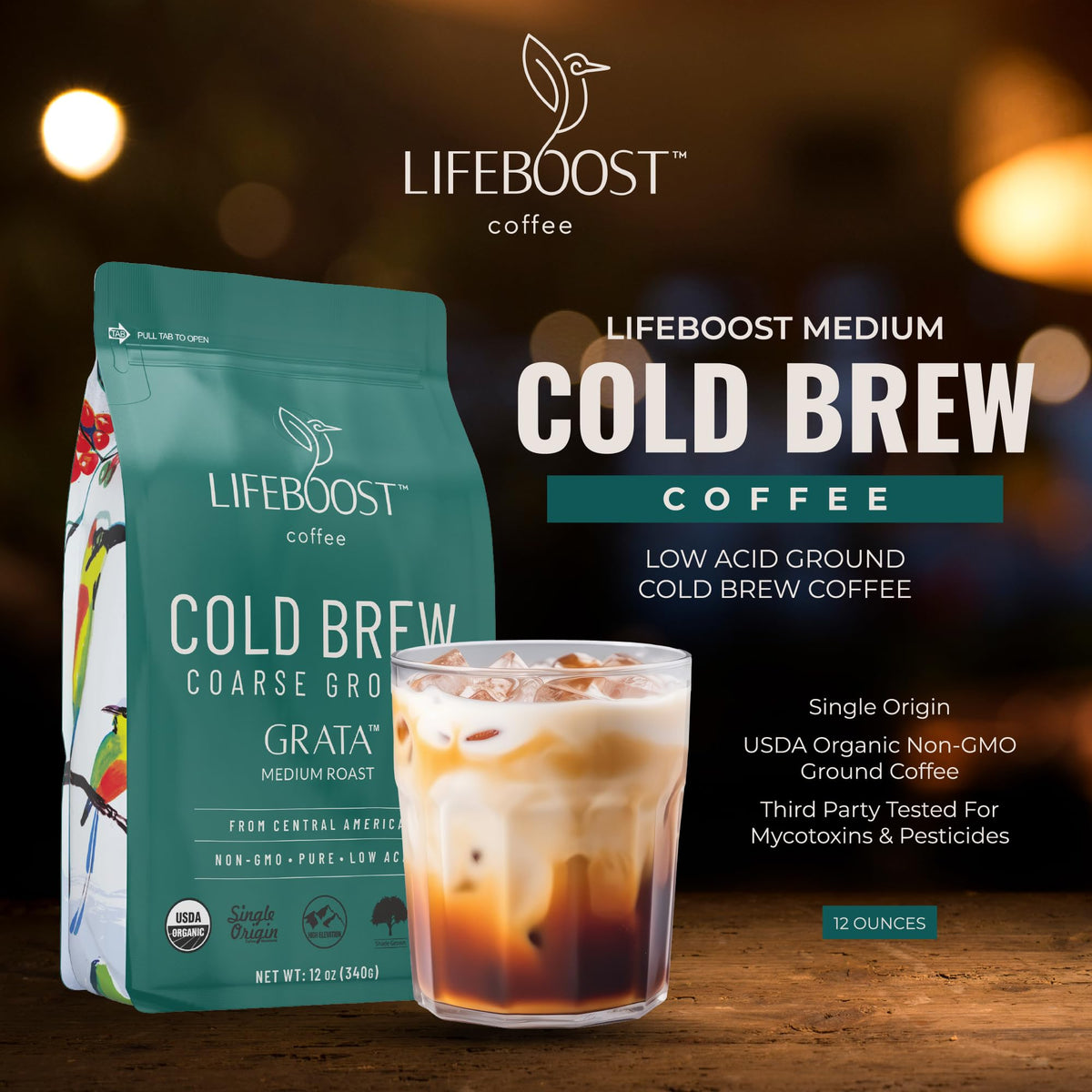 Lifeboost organic coarse-ground coffee with medium roast for rich flavor