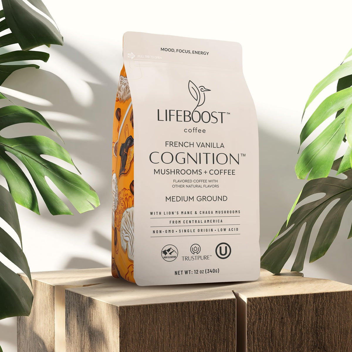 Lifeboost organic coffee beans arranged for fresh brew