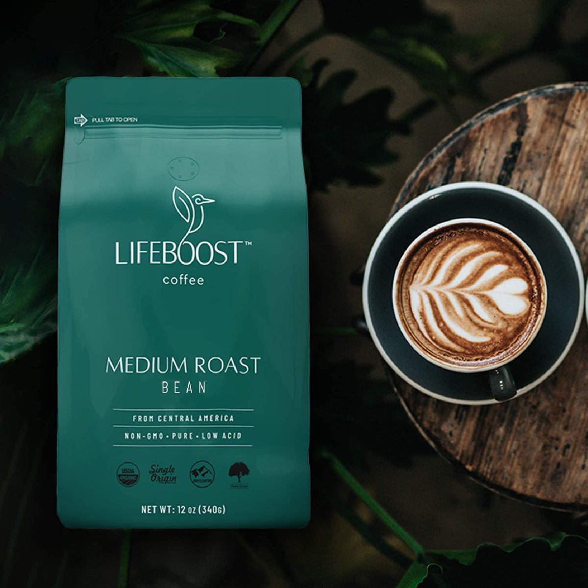 Lifeboost organic coffee packaging emphasizing freshness and sustainability.