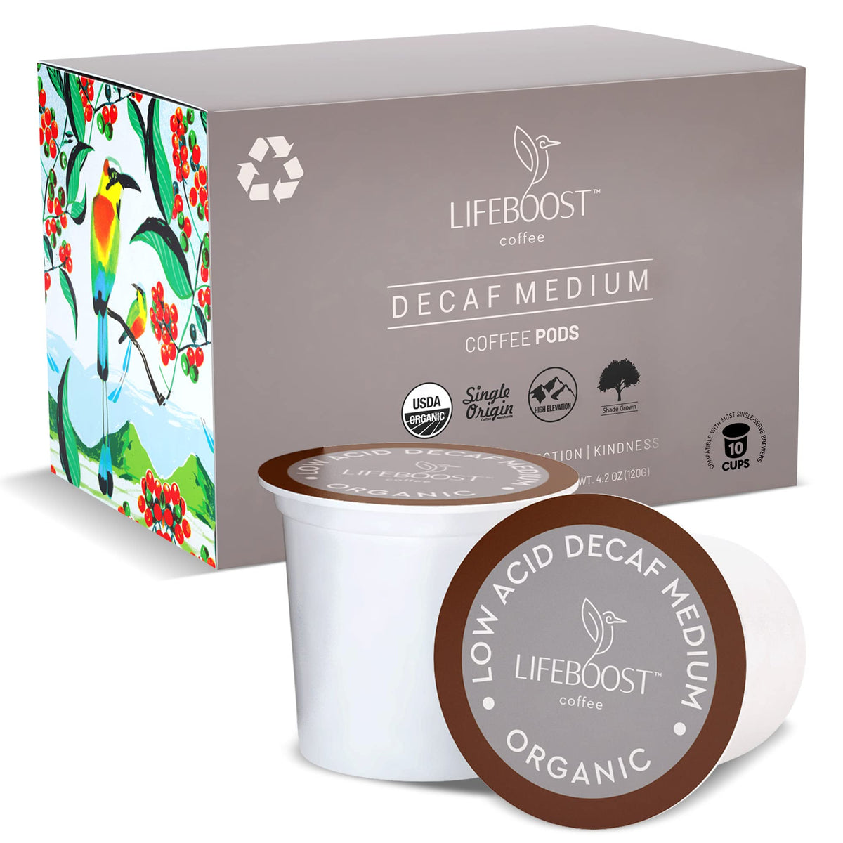 Lifeboost Organic Decaf K-Cups Box showing portable, low-acid coffee for quick mornings