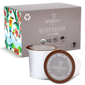 Lifeboost Organic Decaf K-Cups Box showing portable, low-acid coffee for quick mornings
