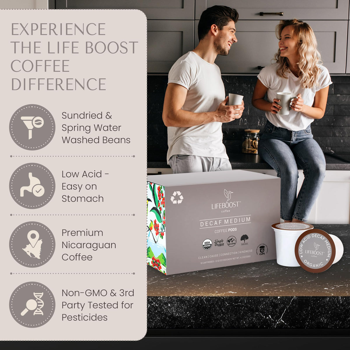 Lifeboost Organic Decaf K-Cups Pack emphasizes convenient single-serve coffee