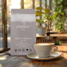 Lifeboost organic decaf coffee pack emphasizing clean, toxin-free notes