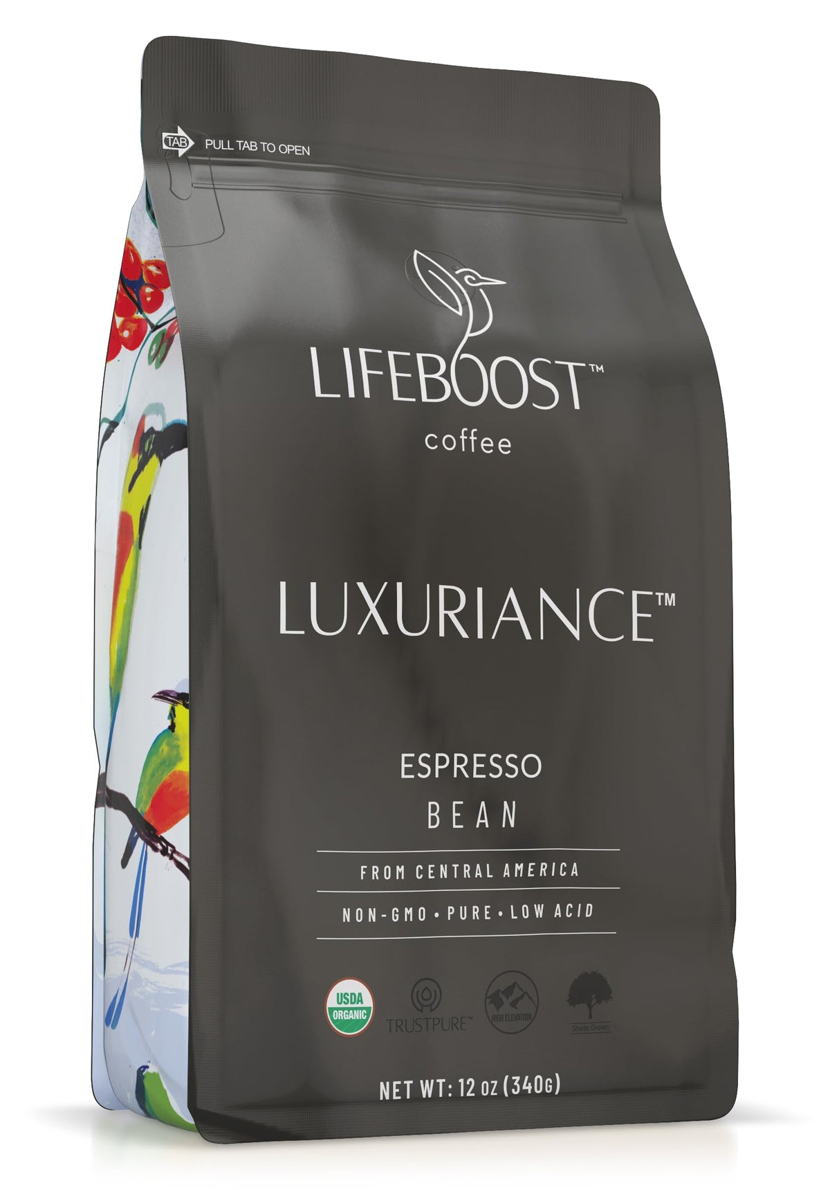 Lifebooost Organic Espresso beans closeup for bold flavor and smooth crema.