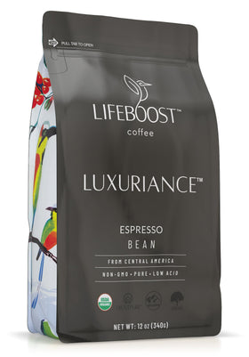 Lifebooost Organic Espresso beans closeup for bold flavor and smooth crema.