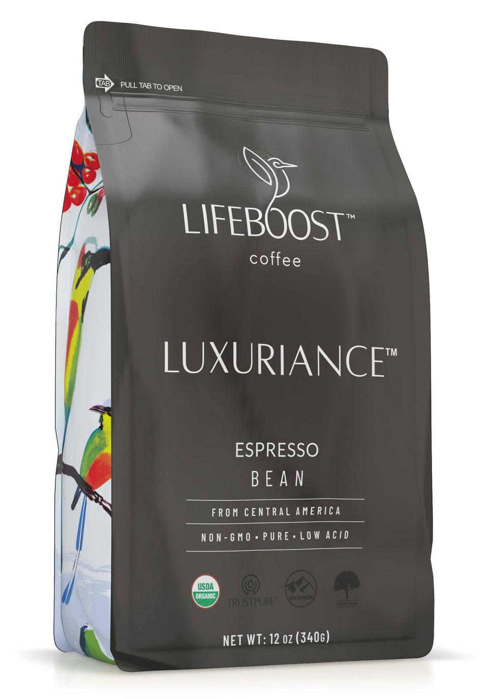 Lifebooost Organic Espresso beans closeup for bold flavor and smooth crema.