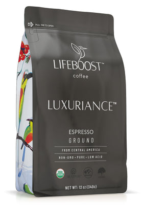 Lifeboost Organic Espresso Ground Coffee pack on display, ideal for rich espresso flavor