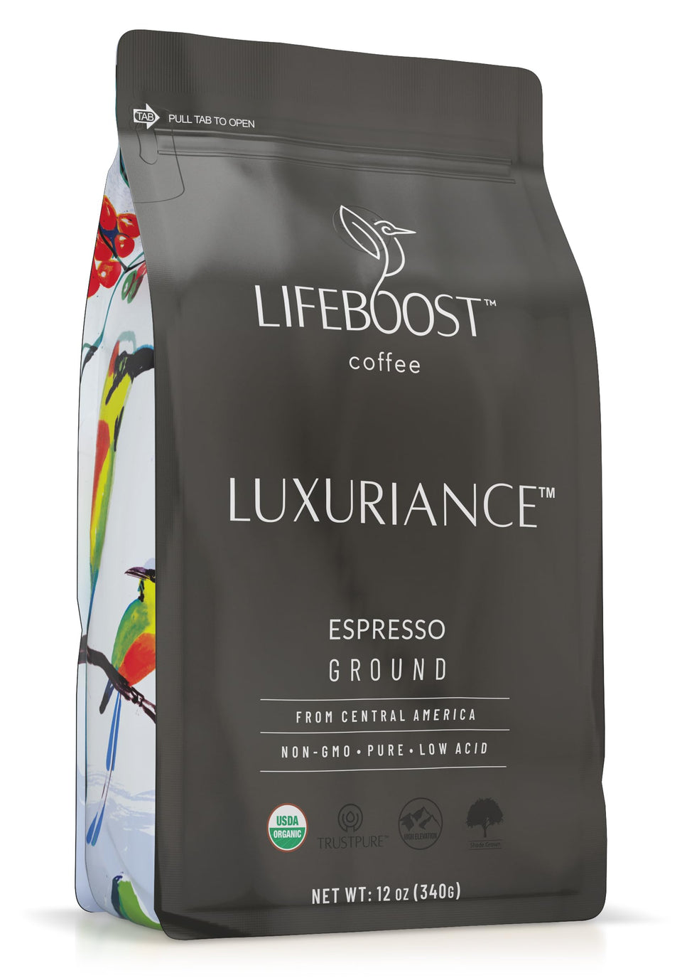 Lifeboost Organic Espresso Ground Coffee pack on display, ideal for rich espresso flavor
