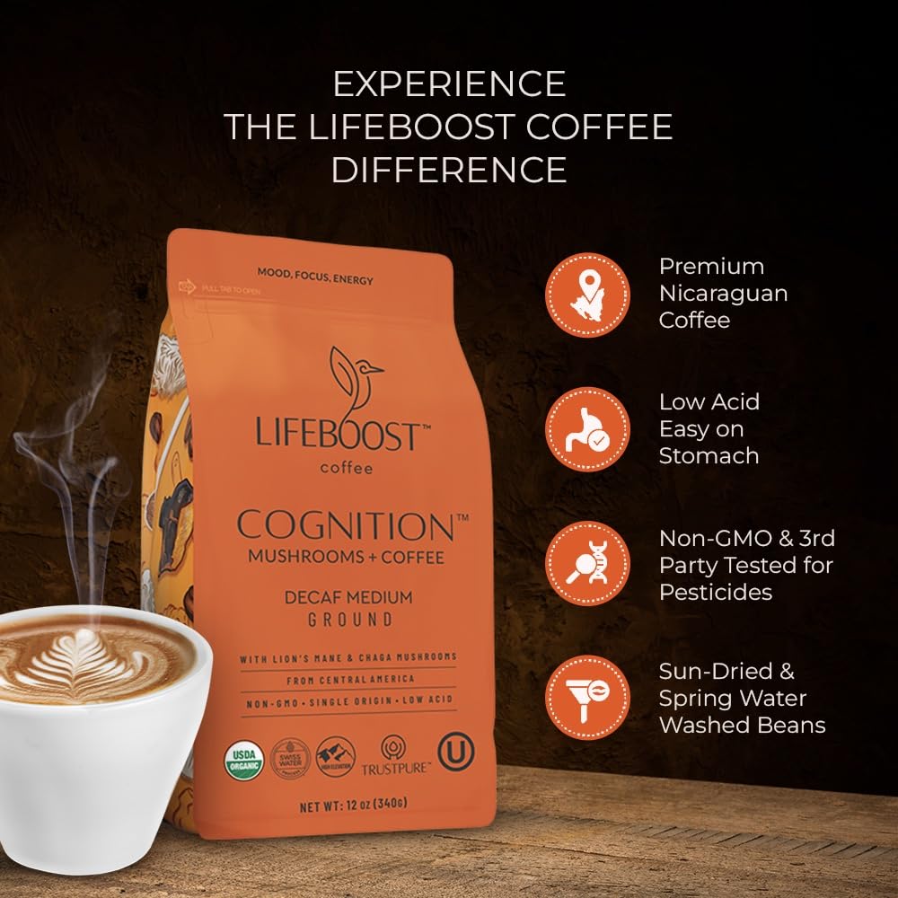 Lifeboost decaf coffee being poured to showcase low-acid, gentle stomach experience.