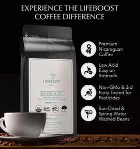 LIFEBOOST organic, non-GMO origin badge on packaging indicating quality and sustainability.