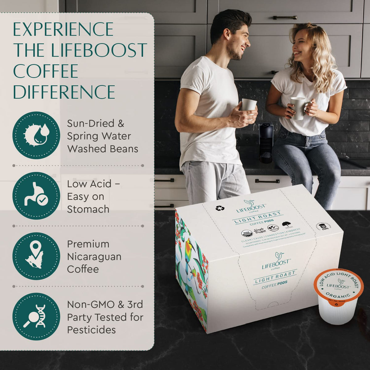 Lifeboost single-origin organic coffee pods offering clean, bright flavor.