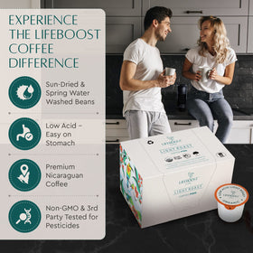 Lifeboost single-origin organic coffee pods offering clean, bright flavor.
