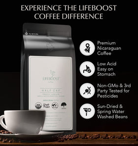 Lifeboost Swiss Water decaf process label on packaging signaling flavor retention.