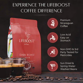 Lifeboost third-party tested label on coffee ensuring quality checks.